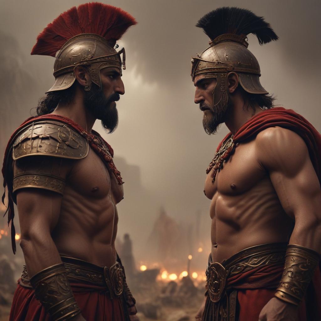 A tense confrontation between Achilles and Agamemnon in the Greek camp, showcasing Achilles' determined expression and Agamemnon's authoritative stance, detailed armor and weaponry, campfires flickering in the background, under a dark, ominous sky, realistic character design with historical accuracy"in the style of classical Greek pottery art, with intricate black figures on a red background, depicting mythological scenes with a focus on gods and heroes, using a limited color palette of red, black, and white"This image is a breathtaking painting that captures the magical scene with vivid detail. The overall composition is spellbinding, showcasing a perfect harmony. photorealism fantasy, unreal engine 5, concept hyperrealistic, full body, detailed clothing, highly detailed, cinematic lighting, stunningly beautiful, intricate, sharp focus, f/1. 8, 85mm, (centered image composition), (professionally color graded), ((bright soft diffused light)), volumetric fog, trending on instagram, trending on tumblr, HDR 4K, 8K