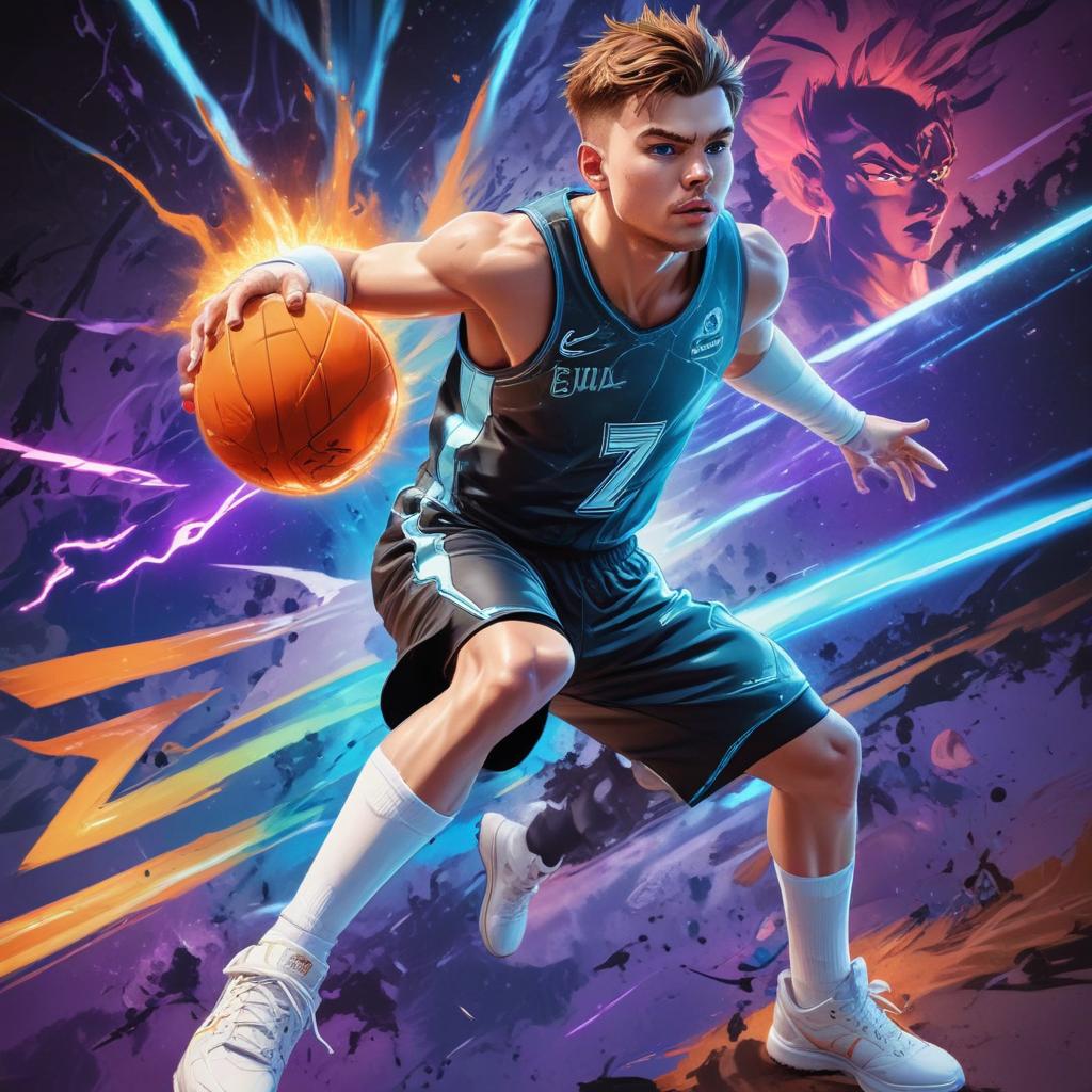 distance-shot, flashy, full-body, dynamic, holographic, animated cartoon poster of luka doncic in the style of dragon ball super