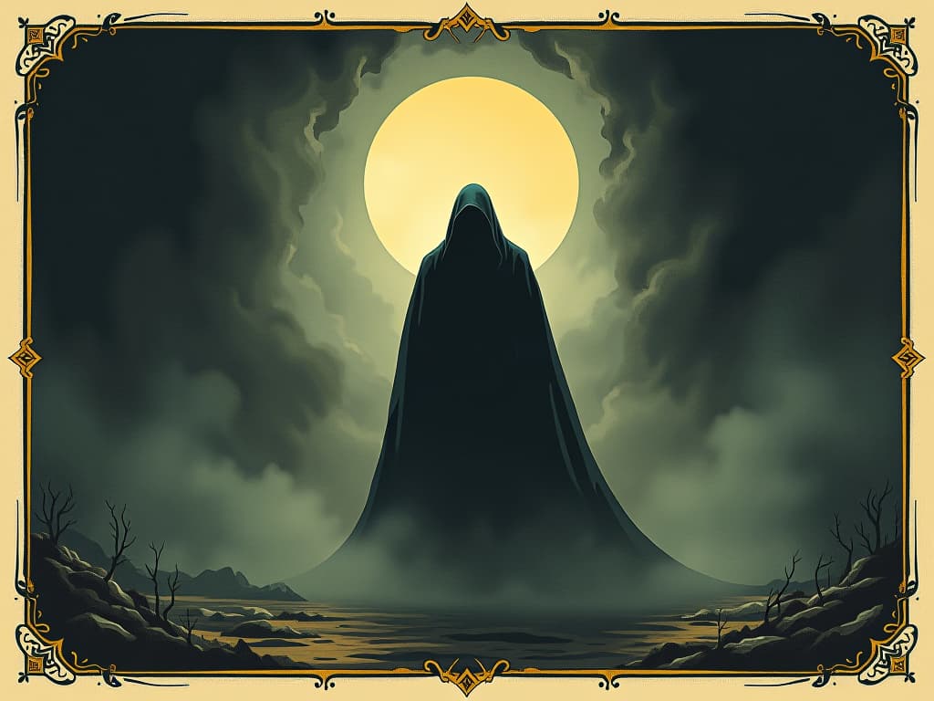  shadows of negativity, vague and ominous shapes, encroaching on light, mysterious and foreboding. an illustration in the style of a worn, mystical old tarot trump card, mysterious and elements of surrealism. the colors are muted, somber and eerie, but with contrast bring out an occult and esoteric vibe.