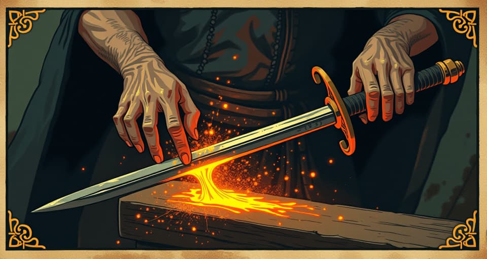  molten metal being forged into a sword, sparks flying, intense heat, focus on the blacksmith's determined hands, transformation, creation, strength. an illustration in the style of a worn, mystical old tarot trump card, mysterious and elements of surrealism. the colors are muted, somber and eerie, but with contrast bring out an occult and esoteric vibe.