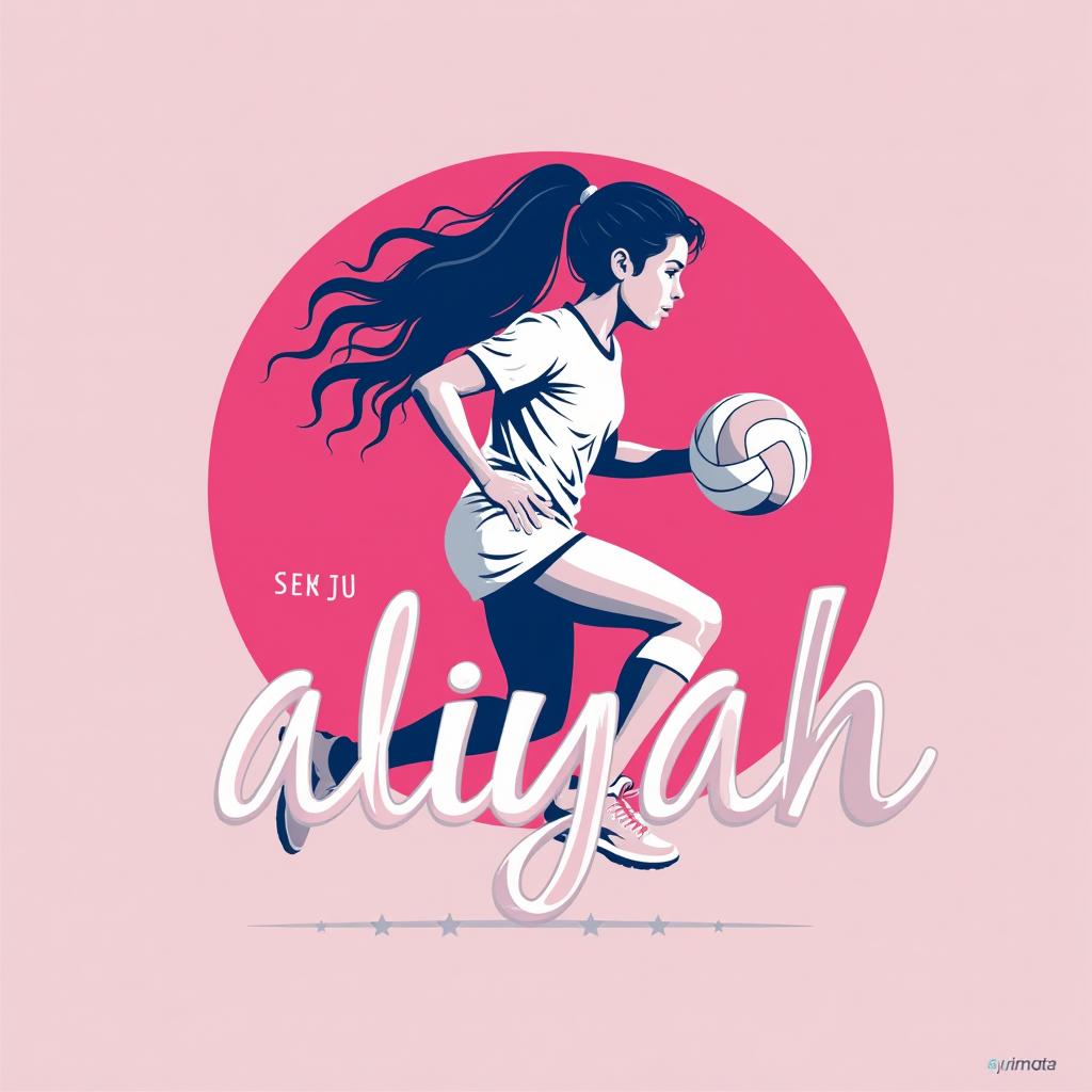  design a logo, logotipo minimalista en el tema de jugadora de volley ball atacando la red con el texto ‘aliyah’ colores blanco, rosa claro y azul marino . silueta de mujer adolescente con cabello ondulado