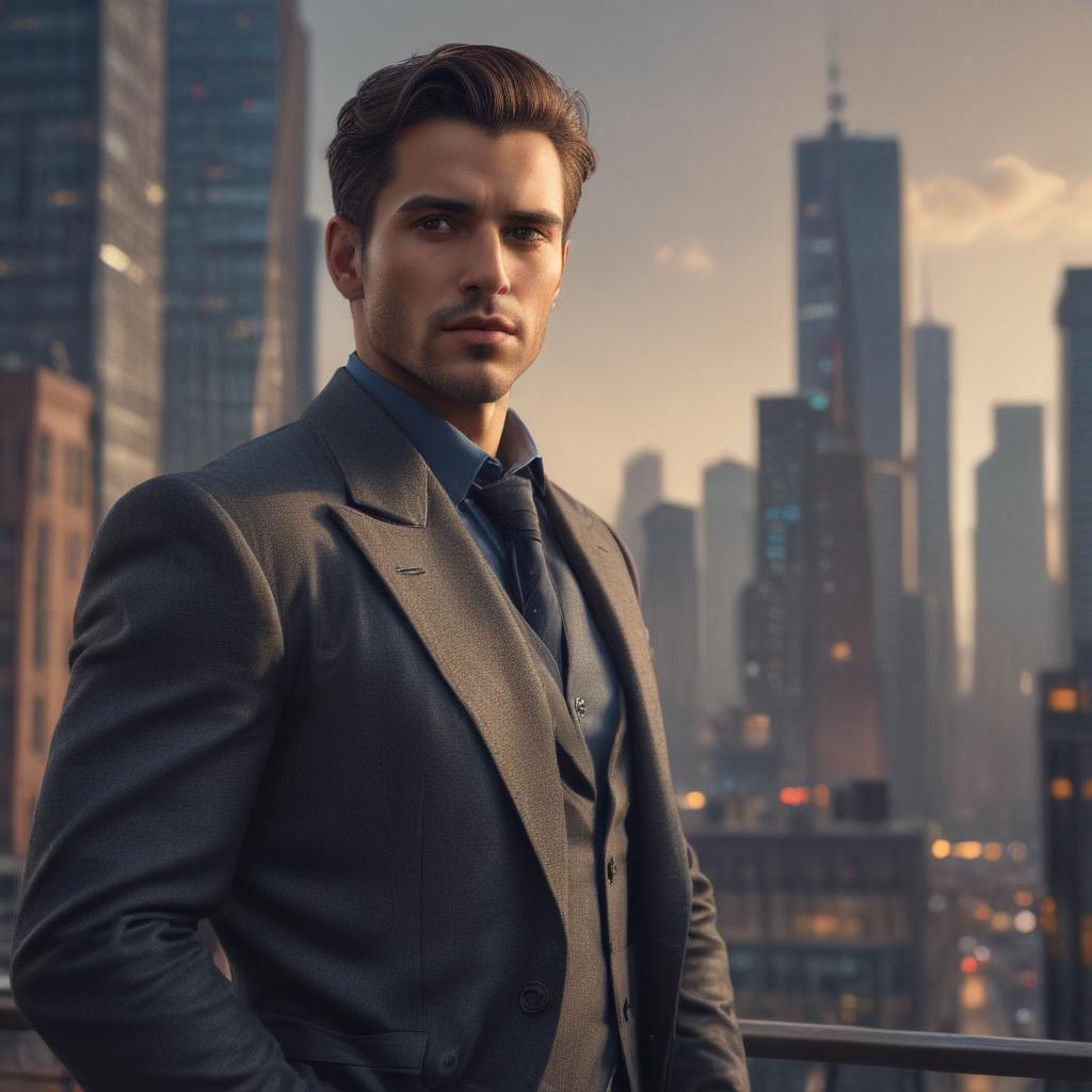 ((masterpiece)),(((best quality))), 8k, high detailed, ultra detailed, A handsome man, (intense gaze), (stylish outfit), (city skyline in the background), confident expression hyperrealistic, full body, detailed clothing, highly detailed, cinematic lighting, stunningly beautiful, intricate, sharp focus, f/1. 8, 85mm, (centered image composition), (professionally color graded), ((bright soft diffused light)), volumetric fog, trending on instagram, trending on tumblr, HDR 4K, 8K