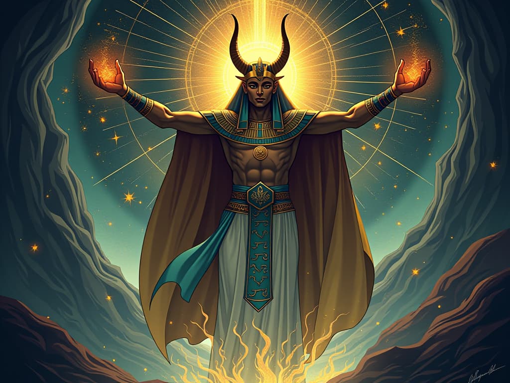  osiris rising from the underworld, arms outstretched, surrounded by swirling stars and mystical energies, embodying transformation and rebirth, ethereal atmosphere. the style is digital art illustration / modern comic book / mysterious occult, symbolic, esoteric vibe,high detail on character design, incorporating ancient egyptian symbology and attire.