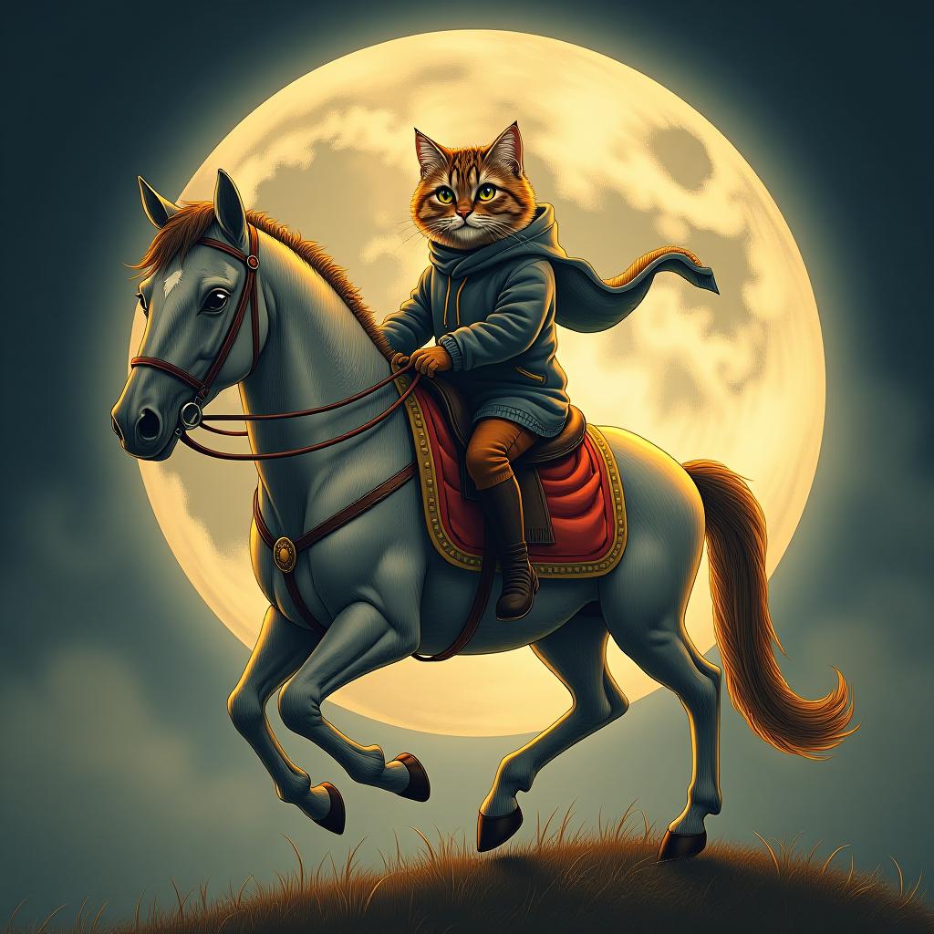  a cat riding a horse, hand drawn, on the moon, studio light, hdr 4k hyperrealistic, full body, detailed clothing, highly detailed, cinematic lighting, stunningly beautiful, intricate, sharp focus, f/1. 8, 85mm, (centered image composition), (professionally color graded), ((bright soft diffused light)), volumetric fog, trending on instagram, trending on tumblr, HDR 4K, 8K