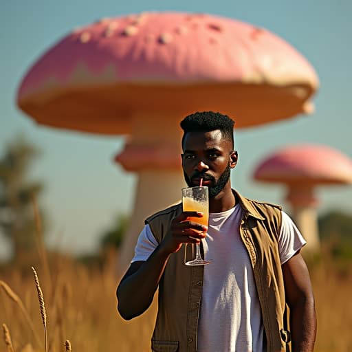  photo of a handosome african young guy having a drink outside with a giant pink mushroom at the background