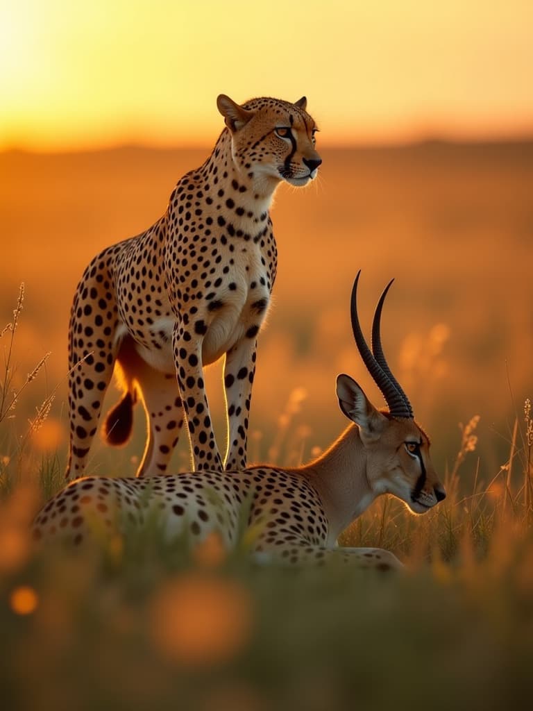  the cheetah stands proudly over the gazelle, which lies defeated in the tall grass, the setting sun casting golden light on the scene. camera settings: iso 400, f/4, 1/1000 sec. hyperrealistic, full body, detailed clothing, highly detailed, cinematic lighting, stunningly beautiful, intricate, sharp focus, f/1. 8, 85mm, (centered image composition), (professionally color graded), ((bright soft diffused light)), volumetric fog, trending on instagram, trending on tumblr, HDR 4K, 8K