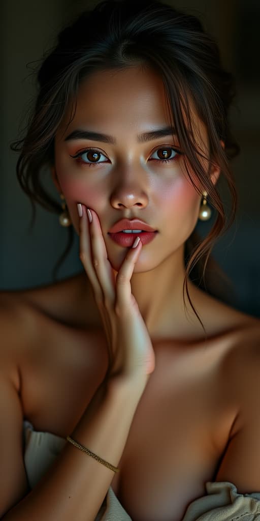  portrait of a , no clothes on body, are covered by own hand, full shot, high quality, best quality, blurred background, center focused, ultra details, realistic, masterpiece, high quality, high details, hd, uhd, beautiful lighting, great composition, disheveled hair, detailed eyes, perfect composition, moist skin, intricate details, earrings, 4k epic detailed, shot on kodak, 35mm photo, sharp focus, high budget, cinemascope, moody, epic, gorgeous