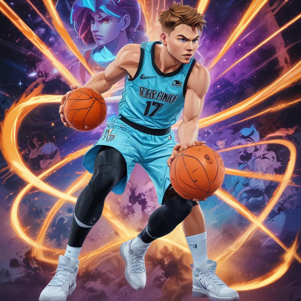 distance-shot, flashy, full-body, dynamic, holographic, animated cartoon poster of luka doncic in the style of dragon ball super