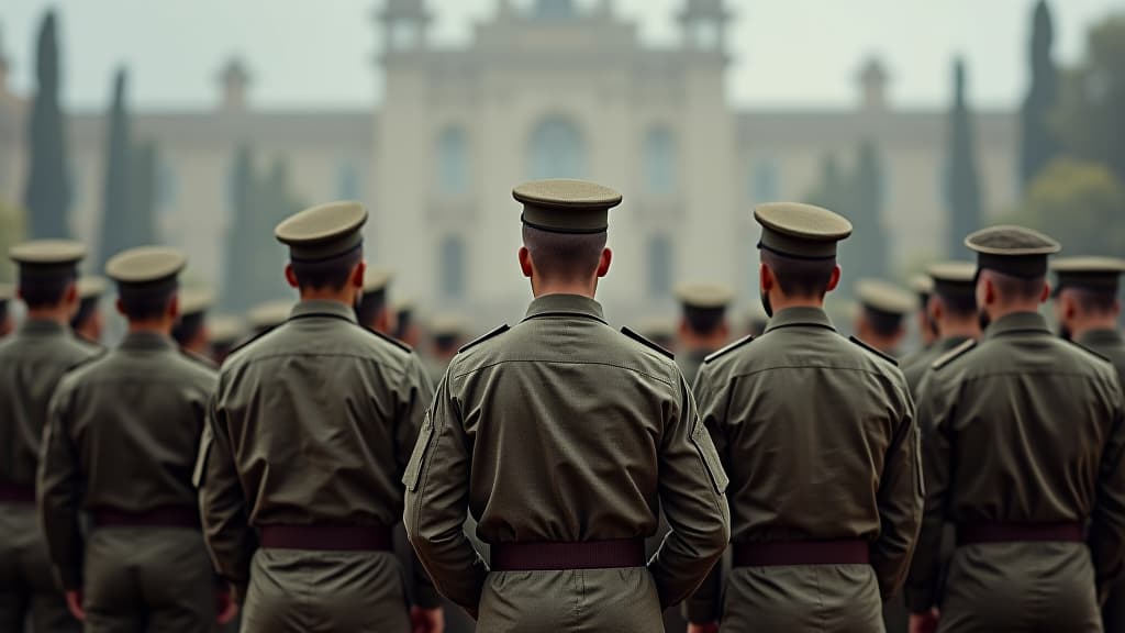  military men standing at attention in formation, back view