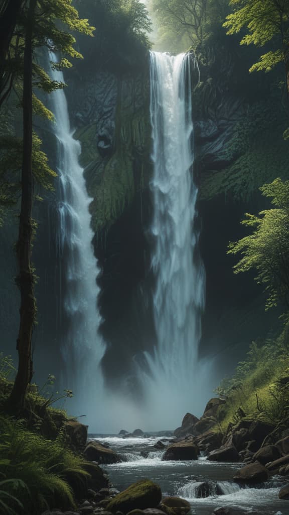 ((masterpiece)),(((best quality))), 8k, high detailed, ultra detailed, (A majestic waterfall in a lush forest), detailed foliage, best shadows, high contrast, best lighting, delicate and beautiful hyperrealistic, full body, detailed clothing, highly detailed, cinematic lighting, stunningly beautiful, intricate, sharp focus, f/1. 8, 85mm, (centered image composition), (professionally color graded), ((bright soft diffused light)), volumetric fog, trending on instagram, trending on tumblr, HDR 4K, 8K