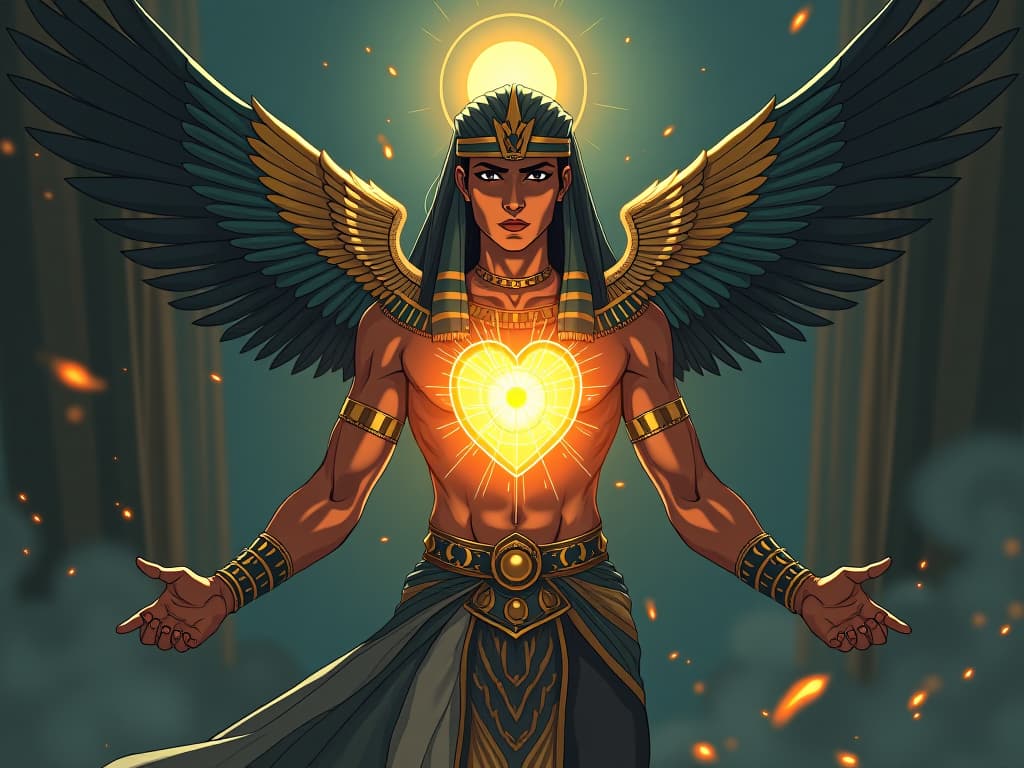  newfound abilities represented by a radiant heart, glowing with energy, casting light in all directions, atmosphere of revelation and purpose. the style is digital art illustration / modern comic book / mysterious occult, symbolic, esoteric vibe,high detail on character design, incorporating ancient egyptian symbology and attire.