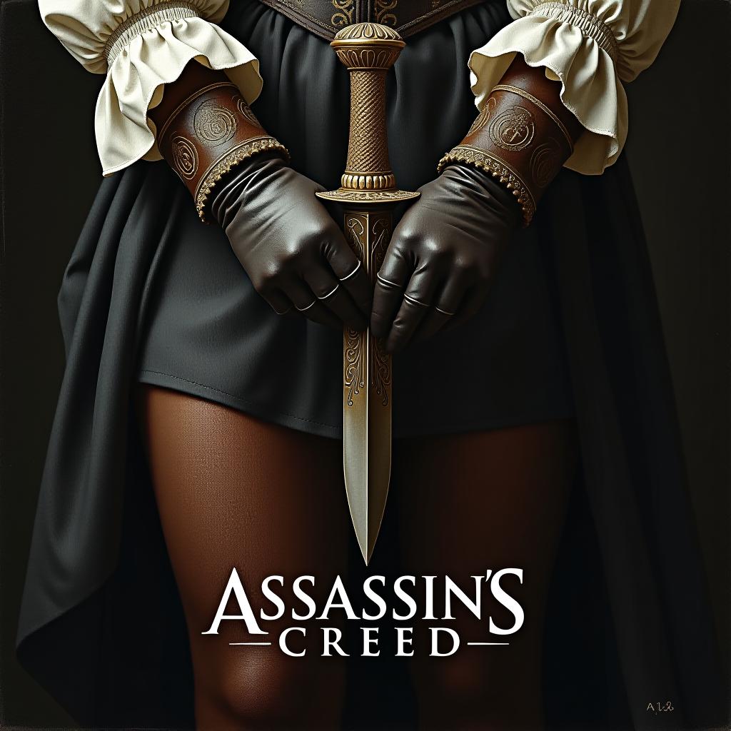  gothic style oil painting, women's hands in leather gloves and an 18th century dress, one hand clutching an ancient medieval stiletto decorated with carvings and the logo of the game "assassin creed" in the form of a stylized letter "a" with intricate patterns and ornaments, legs and arms slightly bent, (the pose shows preparation for a hidden blow with a stiletto:1.4), at the bottom the text with capital letters "assassin creed", high detail, high resolution, hyperrealism, lots of small details, perfect composition . dark, mysterious, haunting, dramatic, ornate, detailed hyperrealistic, full body, detailed clothing, highly detailed, cinematic lighting, stunningly beautiful, intricate, sharp focus, f/1. 8, 85mm, (centered image composition), (professionally color graded), ((bright soft diffused light)), volumetric fog, trending on instagram, trending on tumblr, HDR 4K, 8K