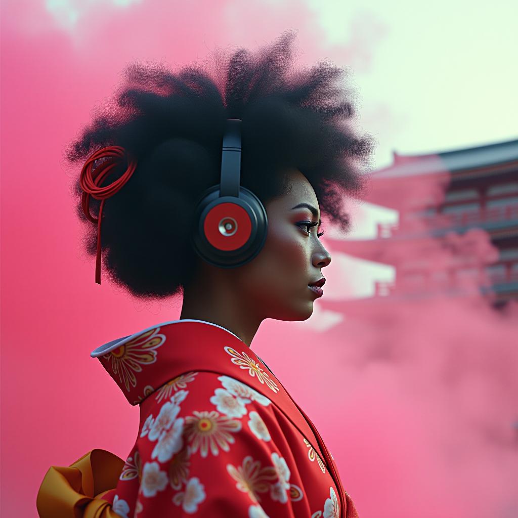  black afro geisha wearing headphones | pink smoke background | stock photo | uhd; cross processing | colorized | japanese house in the background