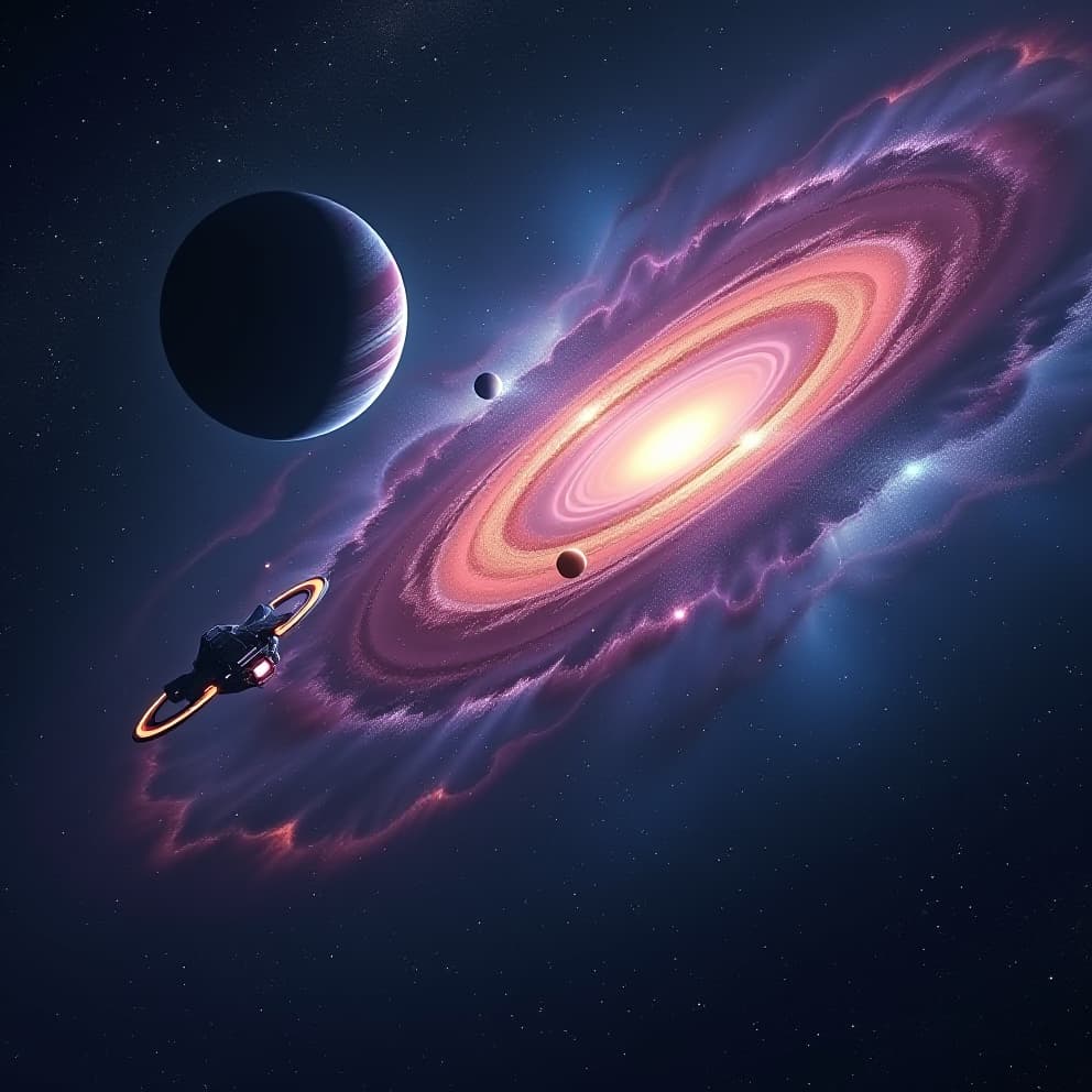  breathtaking view of deep space showcasing a vast, dark expanse filled with countless twinkling stars. include a distant, vibrant nebula with swirling clouds of pink, purple, and blue. feature a large, colorful planet with detailed surface patterns and a glowing ring system. add a spiral galaxy in the background, with its arms elegantly curving and sparkling with stardust. enhance the scene with a sleek futuristic spaceship navigating through the cosmic scenery, and include a few floating meteorhyper detail, intricate details, sharp focus, high resolution, 8k, ultra detailed, vib