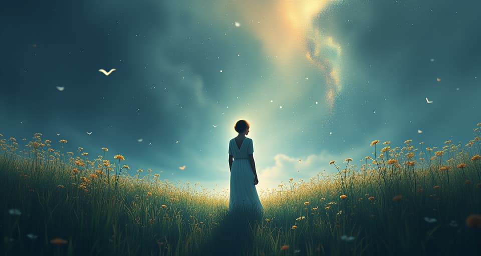  a calm, luminous being standing serenely amidst an ethereal chaos. magical meadow, serene, contrasting atmosphere.. the style is digital art illustration,highly detailed, whimsical,magical, dreamlike atmosphere, realism and fantasy blend, smooth, glossy textures,luminous quality, wonder and enchantment.