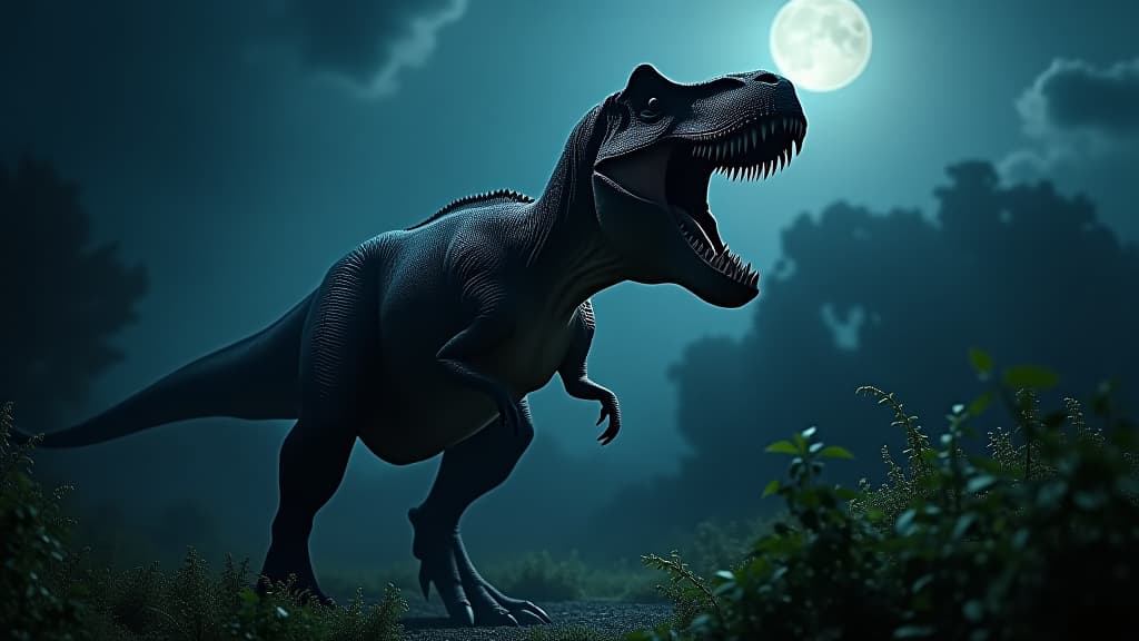  dramatic scene of a tyrannosaurus rex roaring during nighttime