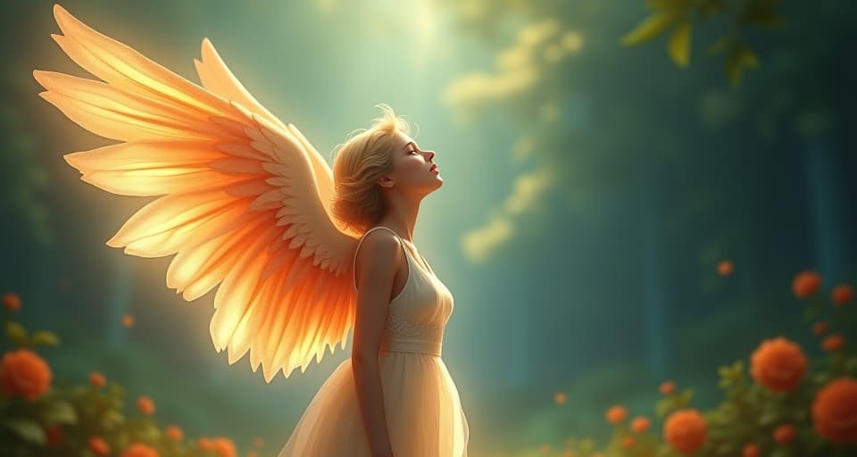  an ethereal female angel with bright, floral wings standing in an enchanted forest clearing. her mouth open as she begins to speak, surrounded by soft, magical light, conveying tranquility, readiness.. the style is digital art illustration,highly detailed, whimsical,magical, dreamlike atmosphere, realism and fantasy blend, smooth, glossy textures,luminous quality, wonder and enchantment.