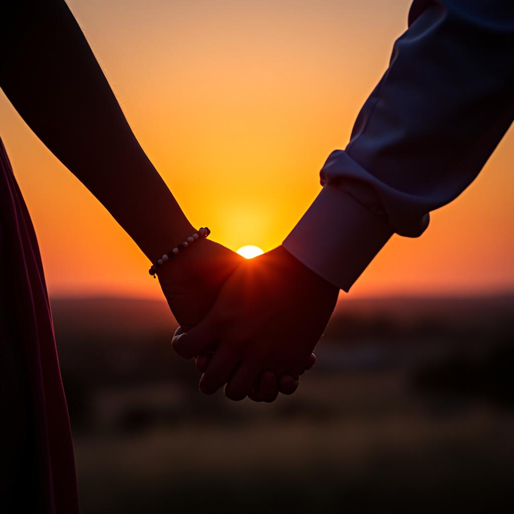  two hands are holding onto each other against the backdrop of a sunset.