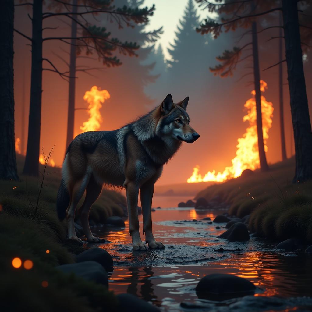  the werewolf stands in the bed of a stream, around a strong forest fire, trees burn, flames to the sky, sparks, professional photos, 4k, high resolution, high detail