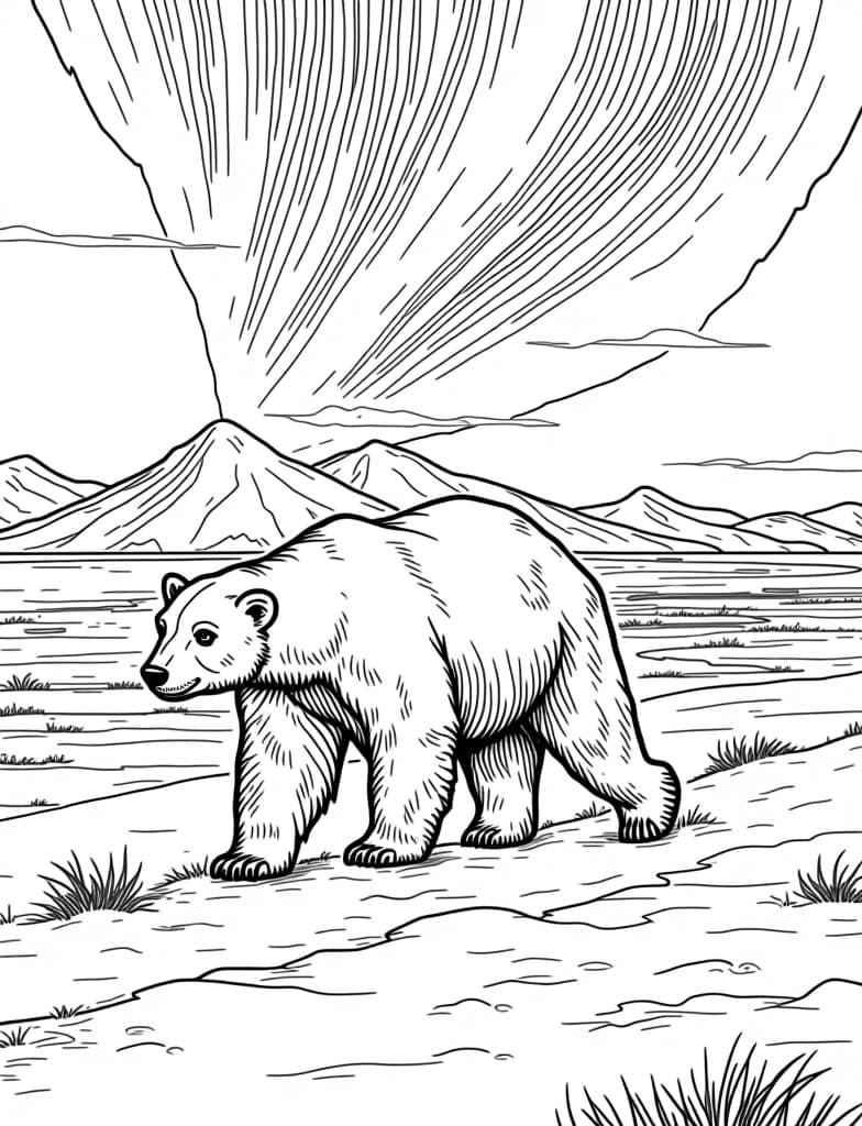  this is for an adult coloring page. a detailed black and white line art of a snowy polar bear walking across a snowy landscape under the northern lights on a solid white background.