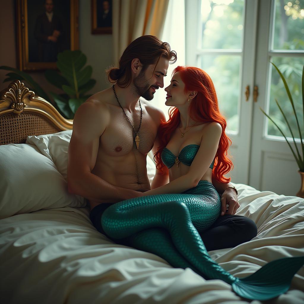  sitting on the bed of a mermaid with red hair and a fish tail in the arms of the prince