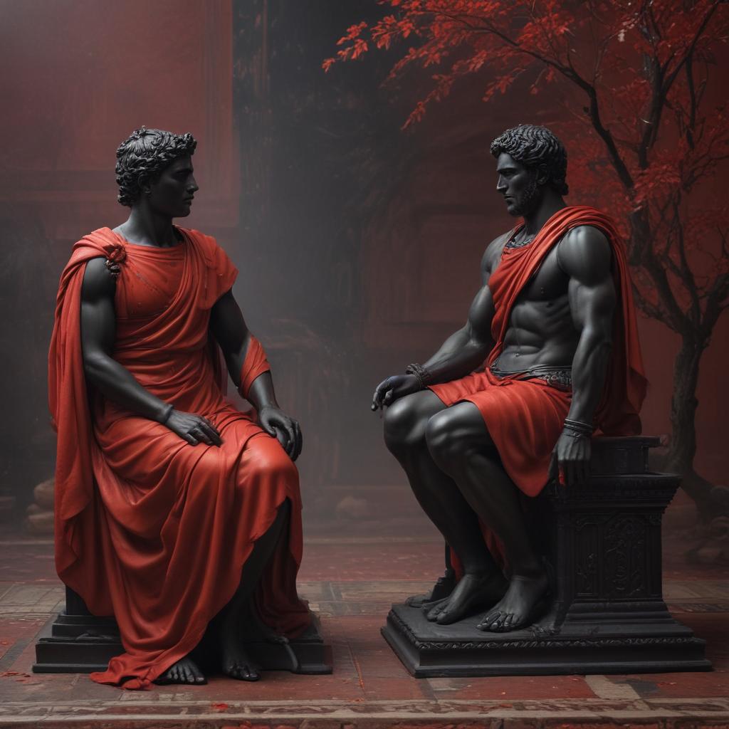 A timeless moment where the world stands still as Priam and Achilles find solace in each other's grief. Capture the stillness and quietude of the scene, highlighting the profound connection and shared sorrow between these two figures in a moment of respite amidst turmoil."in the style of classical Greek pottery art, with intricate black figures on a red background, depicting mythological scenes with a focus on gods and heroes, using a limited color palette of red, black, and white"This image is a breathtaking painting that captures the magical scene with vivid detail. The overall composition is spellbinding, showcasing a perfect harmony. photorealism fantasy, unreal engine 5, concept hyperrealistic, full body, detailed clothing, highly detailed, cinematic lighting, stunningly beautiful, intricate, sharp focus, f/1. 8, 85mm, (centered image composition), (professionally color graded), ((bright soft diffused light)), volumetric fog, trending on instagram, trending on tumblr, HDR 4K, 8K