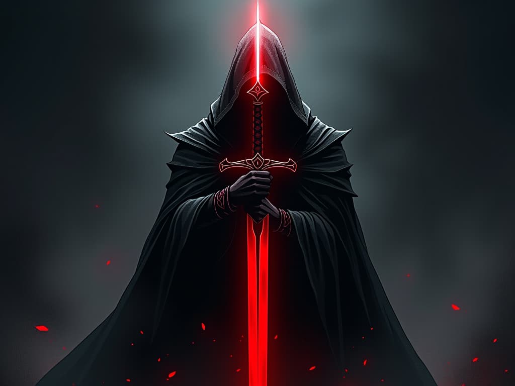  sword in red scabbard, slightly unsheathed, piercing glow, dark surroundings, sense of sharp doubt. the style is digital art illustration / modern comic book / graphic dark novel fantasy and mysterious occult, symbolic, moody lighting, esoteric vibe,high detail on character design. for the color scheme emphasize blacks and reds.