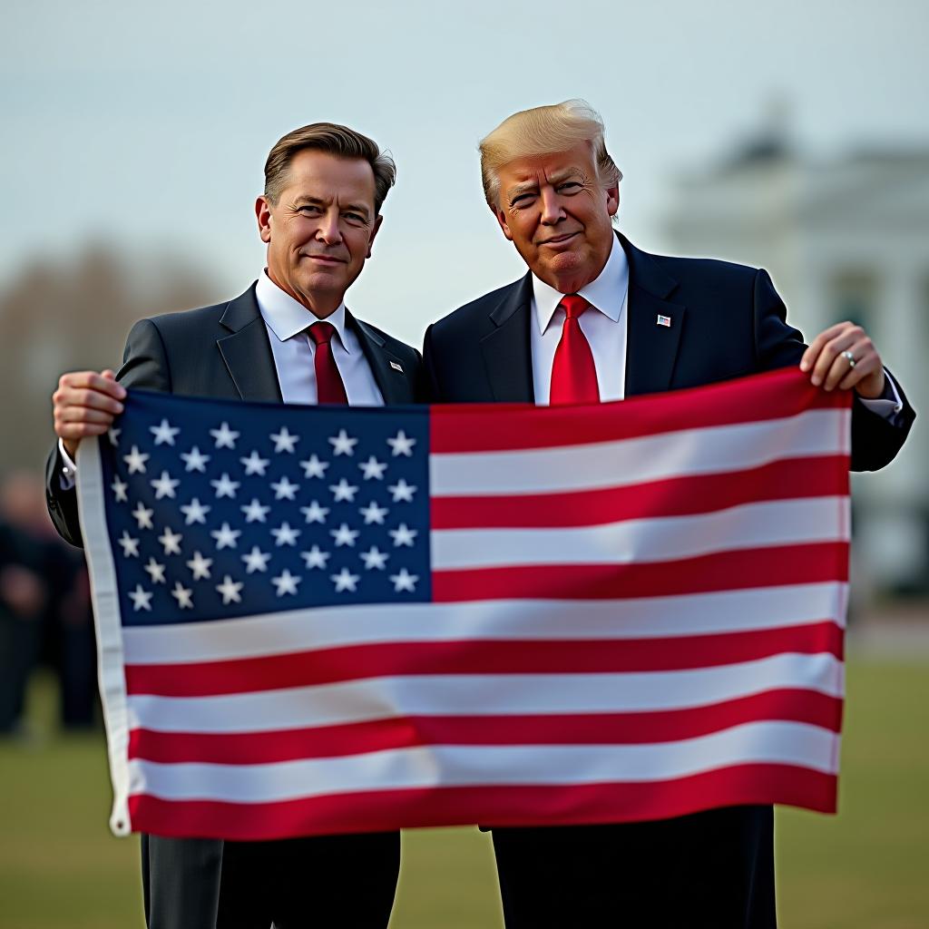  elon musk and donald trump holding the usa flag. on the flag, the phrase 'make america great again'