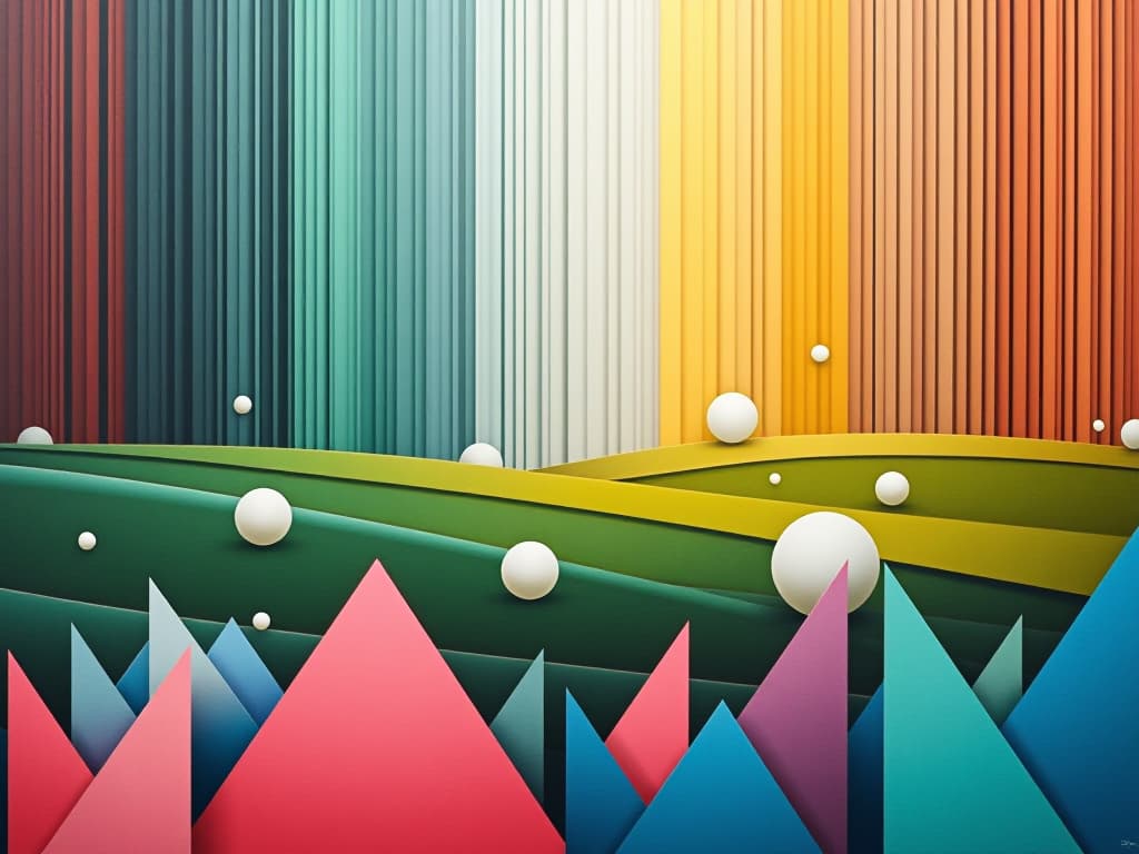  modern, abstract art piece featuring a combination of vertical lines and geometric shapes. the layout includes a series of vertical, multicolored lines that create a sense of depth and texture. the background consists of a gradient of green and yellow hues, resembling a field, with white spherical shapes distributed throughout, adding a three dimensional effect. in the foreground, there are pink and blue triangular forms that appear to be rising from the bottom, contributing to the layered composition. the overall style is contemporary and visually dynamic, with a focus on color contrast and spatial arrangement.