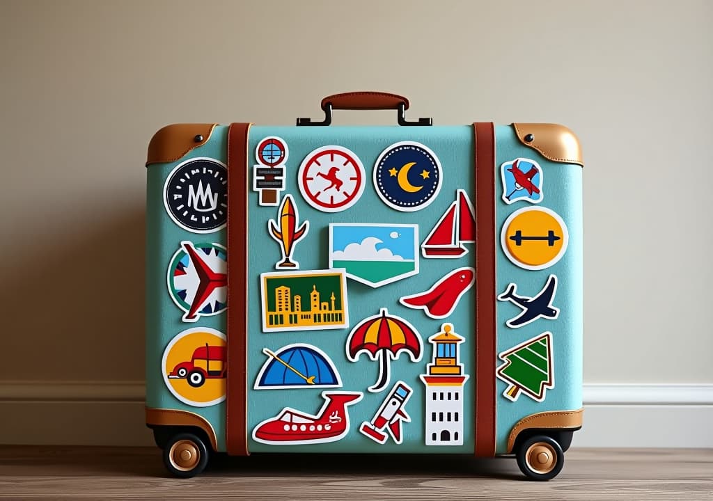  a colorful suitcase covered in travel themed stickers and decals