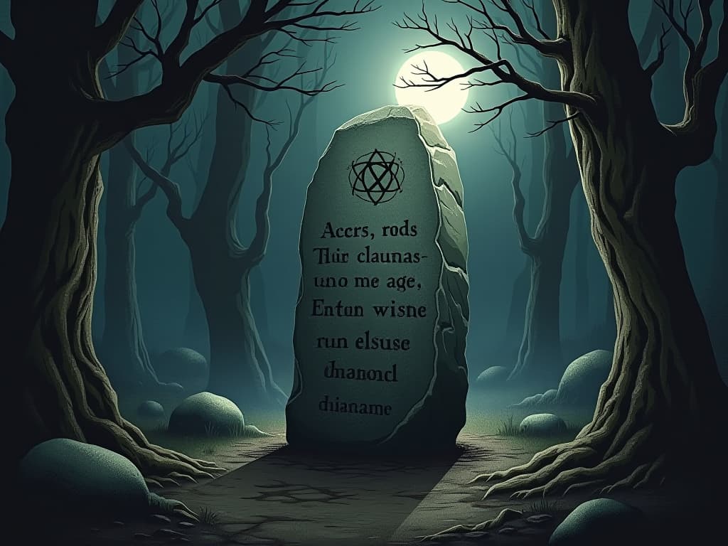  ancient rune stone in a shadowed forest, moonlight casting ethereal glow, mystical engravings, dark and enigmatic atmosphere. an illustration in the style of a worn, mystical old tarot trump card, mysterious and elements of surrealism. the colors are muted, somber and eerie, but with contrast bring out an occult and esoteric vibe.