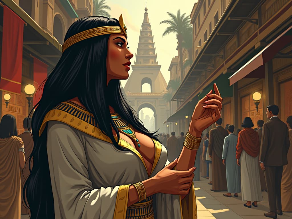  a large busted woman in elegant egyptian attire, observing a bustling bazaar, perceiving hidden truths beneath the surface, an atmosphere of profound insight. the style is digital art illustration / modern comic book / mysterious occult, symbolic, esoteric vibe,high detail on character design, incorporating ancient egyptian symbology and attire.