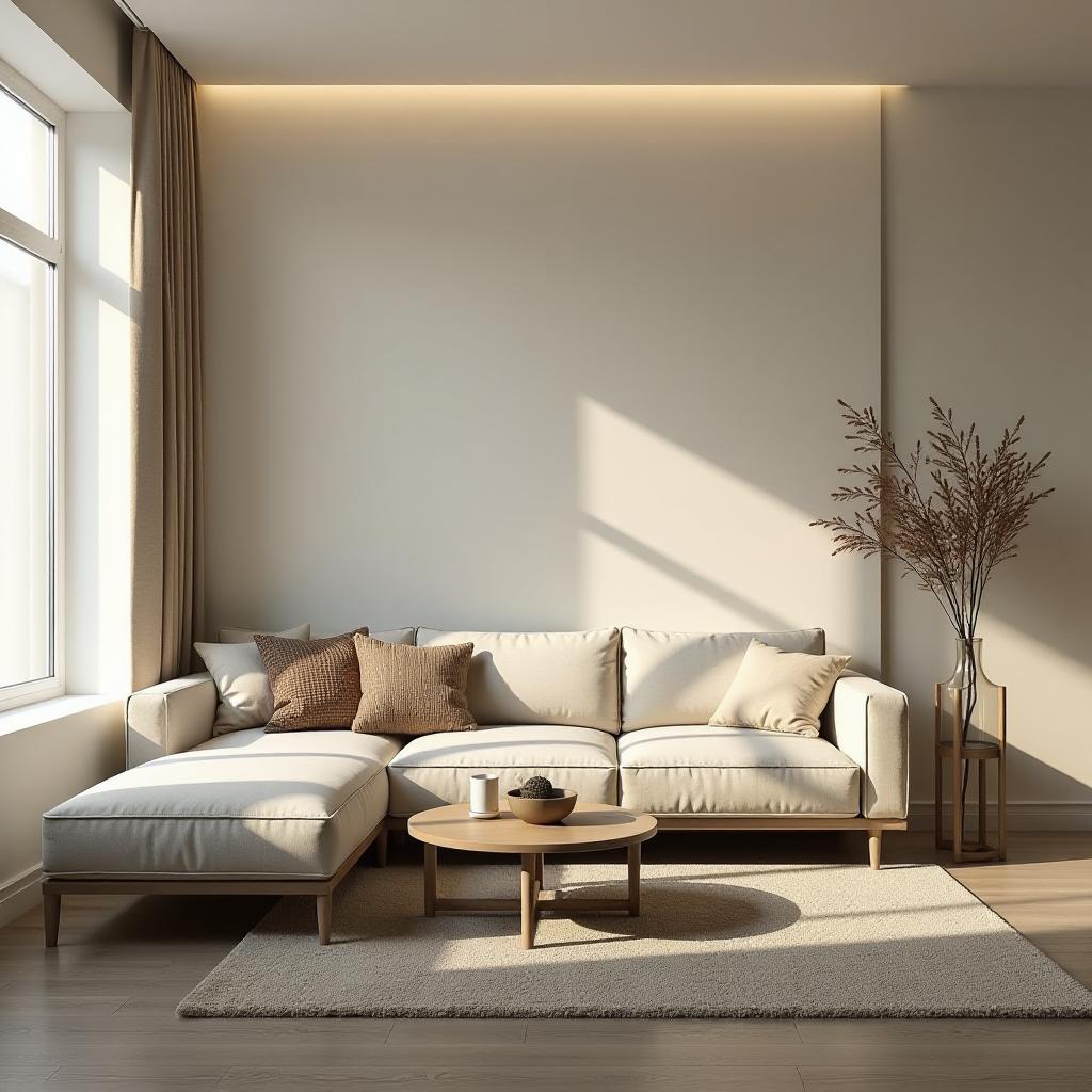  minimalist living room interior with a sofa, rug, coffee table, and empty wall. hyperrealistic, full body, detailed clothing, highly detailed, cinematic lighting, stunningly beautiful, intricate, sharp focus, f/1. 8, 85mm, (centered image composition), (professionally color graded), ((bright soft diffused light)), volumetric fog, trending on instagram, trending on tumblr, HDR 4K, 8K