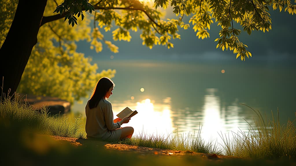  the girl sat by the lake and read quietly. the sun shone on her through the leaves, and the scenery was peaceful and beautiful