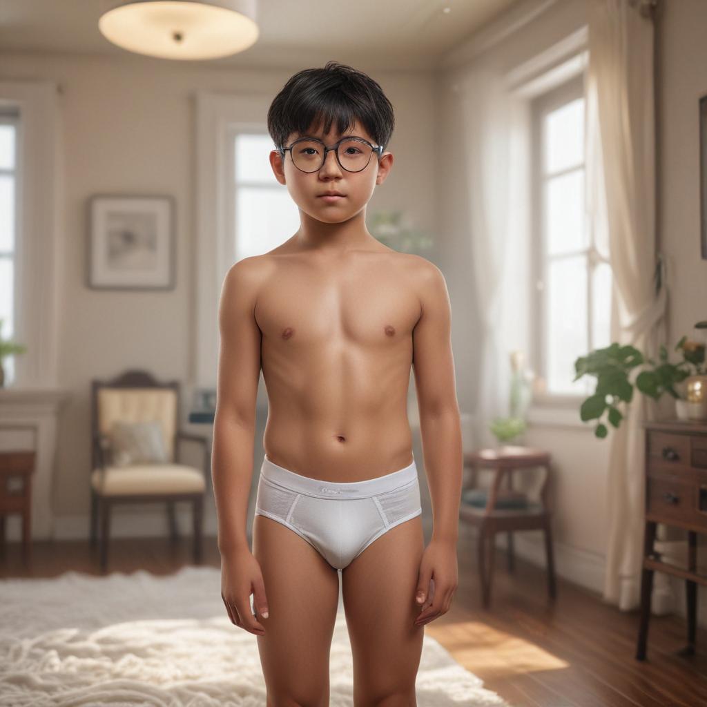 ((masterpiece)),(((best quality))), 8k, high detailed, ultra detailed, A 10 year old Asian boy wearing 1980s style white briefs in a room with circle glasses, boy, ((Asian)), ((10 year old)), ((white briefs)), ((1980s style)), room, ((circle glasses)) hyperrealistic, full body, detailed clothing, highly detailed, cinematic lighting, stunningly beautiful, intricate, sharp focus, f/1. 8, 85mm, (centered image composition), (professionally color graded), ((bright soft diffused light)), volumetric fog, trending on instagram, trending on tumblr, HDR 4K, 8K