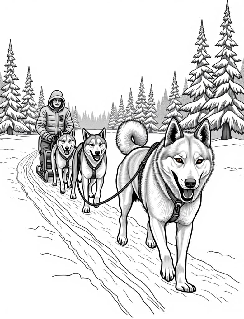  this is for an adult coloring page. a detailed black and white line art of a snowy sled dogs pulling a sled across a snowy plain on a solid white background.