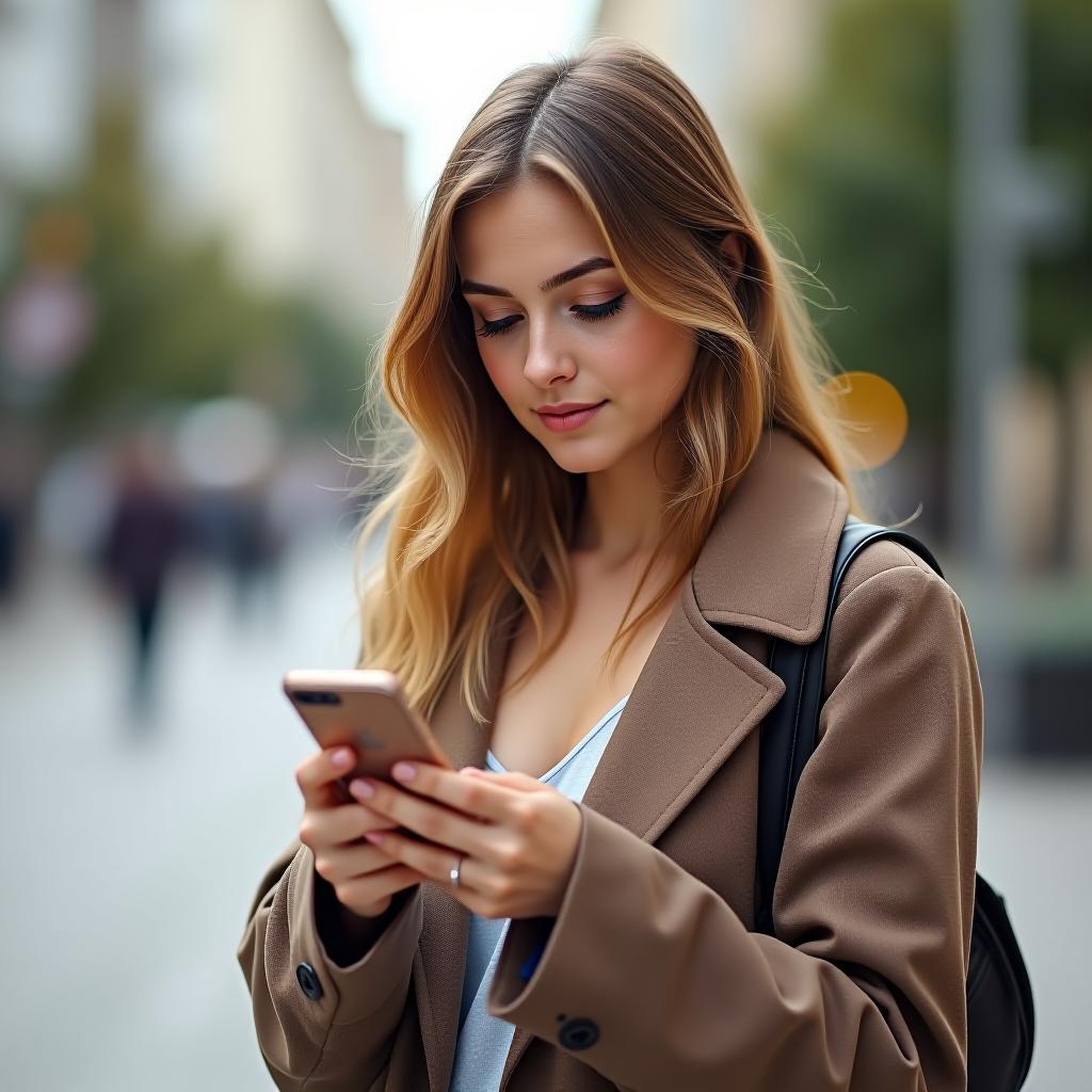  outdoor portrait of a beautiful urban young caucasian woman looking at her mobile phone