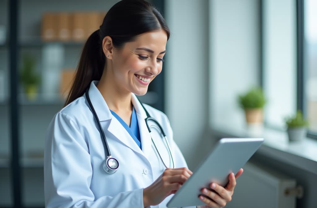  happy, face and woman with a tablet, doctor and typing with connection, website info and employee. portrait, nurse and medical professional with tech, clinic and research with internet or digital app ar 3:2 {prompt}, maximum details