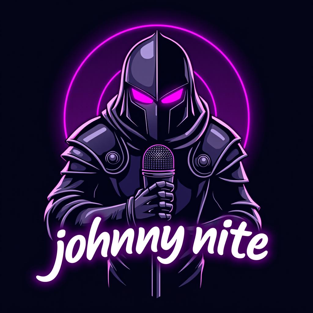  design a logo, in a surrealism style. knight with a gaming mic graffiti purple and black, with the text 'johnny nite'.