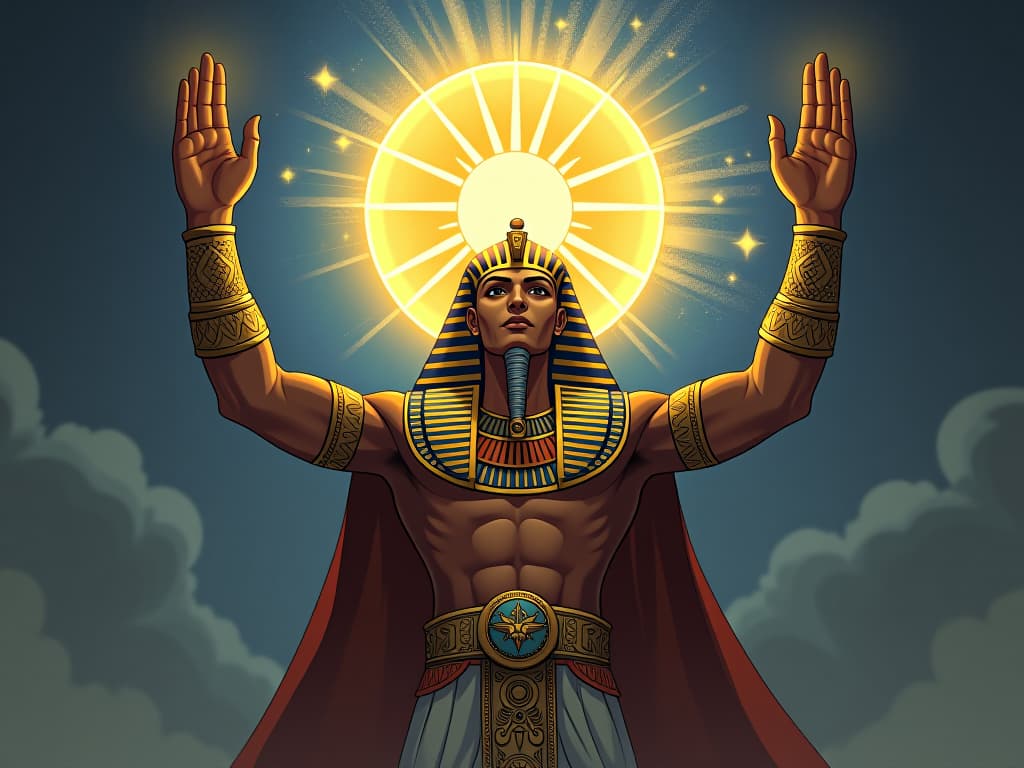  a majestic pharaoh, adorned in regal attire, arms lifting a radiant solar disk, an ethereal light emanating from it, miracle maker, divine alignment. the style is digital art illustration / modern comic book / mysterious occult, symbolic, esoteric vibe,high detail on character design, incorporating ancient egyptian symbology and attire.