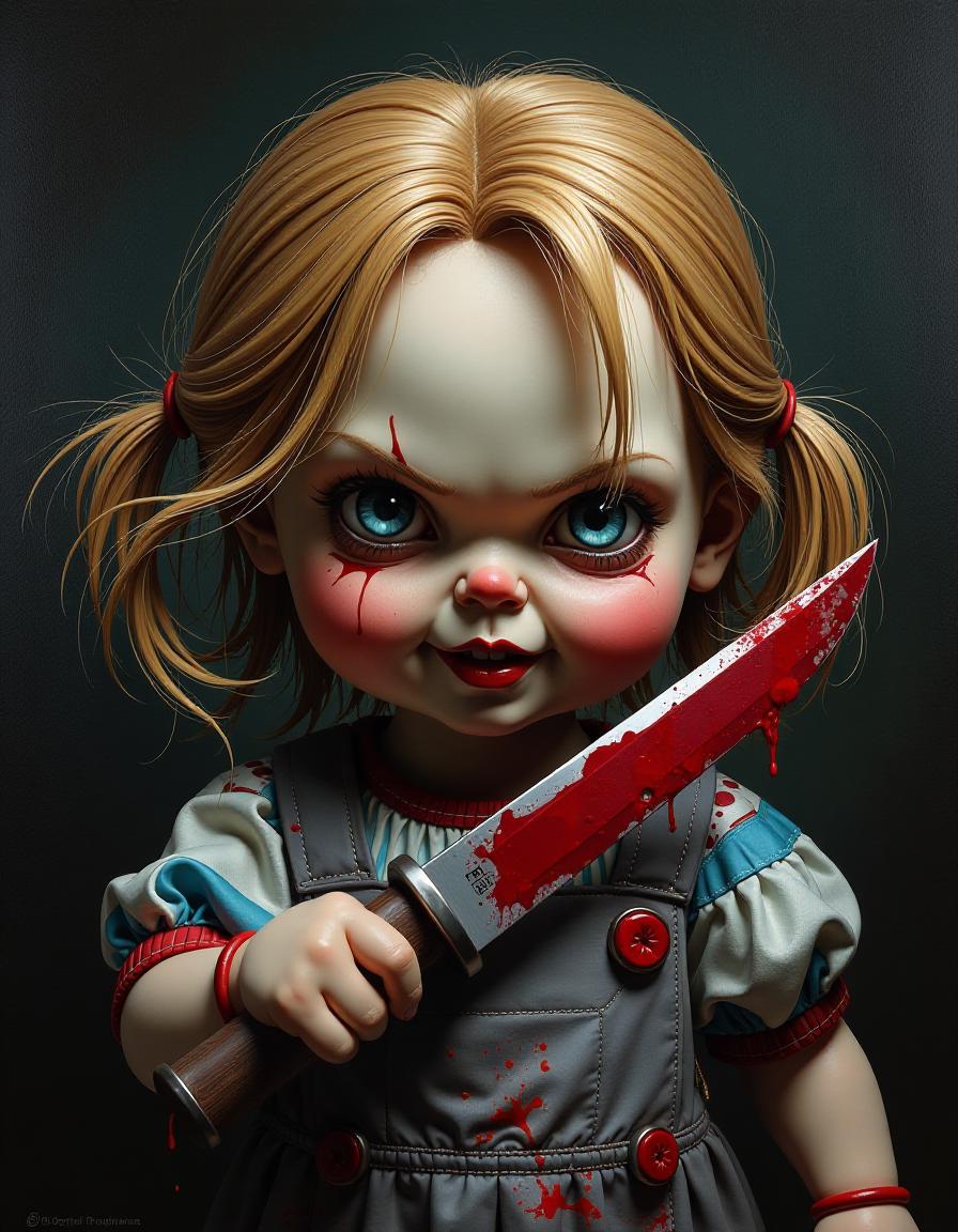  horror themed (masterpiece, oil painting, comic book style:1.2). a children's scary doll "daisy" with a bloody knife, sparse hair and evil eyes from horror movies. high resolution. high detail. increased attention to small details . eerie, unsettling, dark, spooky, suspenseful, grim, highly detailed