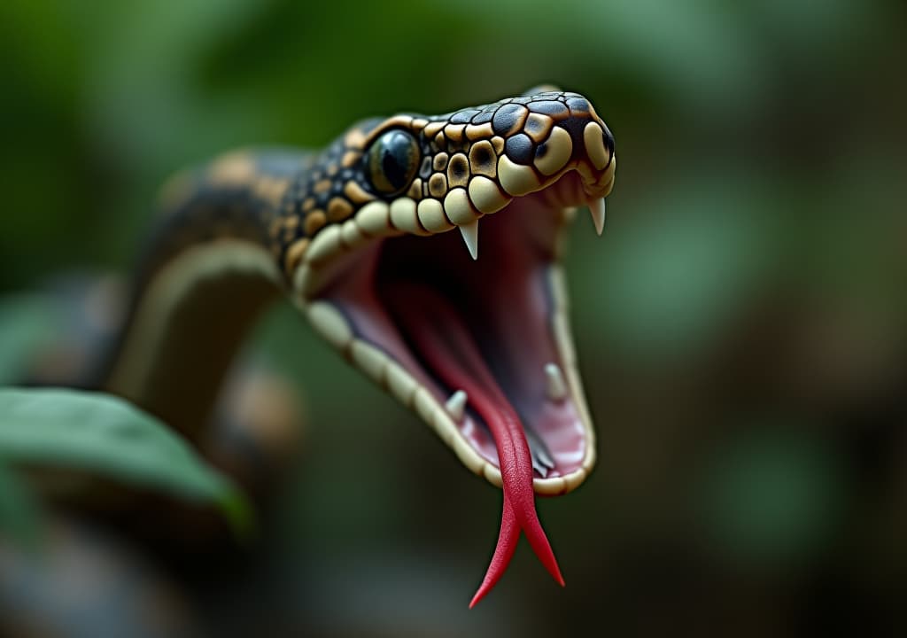  closeup of snake with open mouth, showing sharp teeth and tongue. dangerous poisonous cobra serpent reptile animal attack in tropical nature. scary deadly angry aggression, exotic jungle