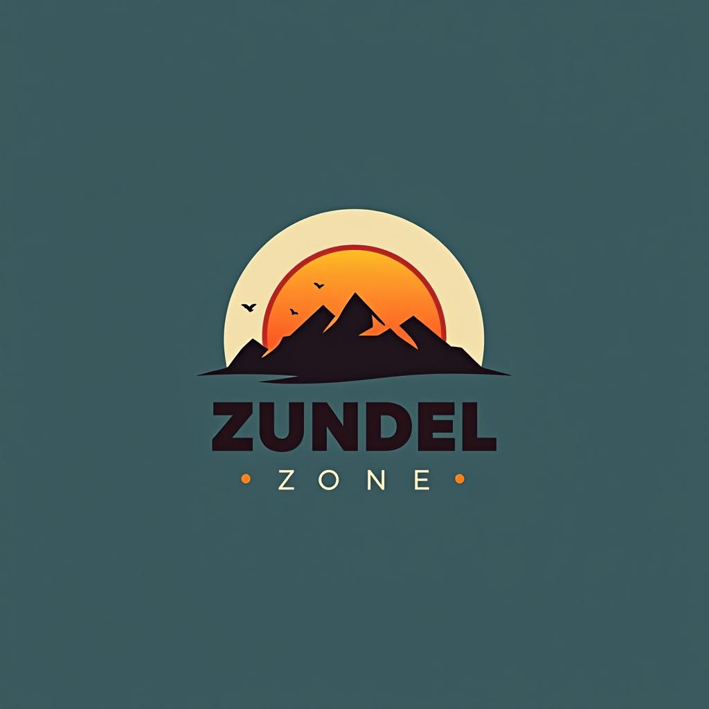  custom logo saying zundel zone with a custom ring with mountains and a beautiful sunset and small birds flying, (logo), clean, contemporary, bold, minimalist, geometric shapes, sans serif font, bright colors, dynamic, innovative