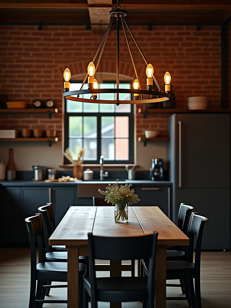  high quality portrait photo of an industrial style kitchen with exposed brick walls, featuring a large, circular chandelier made of black metal and edison bulbs hanging over a rustic wooden dining table hyperrealistic, full body, detailed clothing, highly detailed, cinematic lighting, stunningly beautiful, intricate, sharp focus, f/1. 8, 85mm, (centered image composition), (professionally color graded), ((bright soft diffused light)), volumetric fog, trending on instagram, trending on tumblr, HDR 4K, 8K