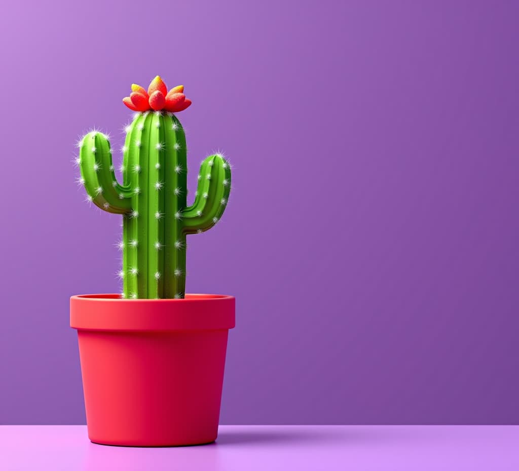  a colorful cactus toy in a red pot displayed against a vibrant purple backdrop creating a striking scene with copy space image