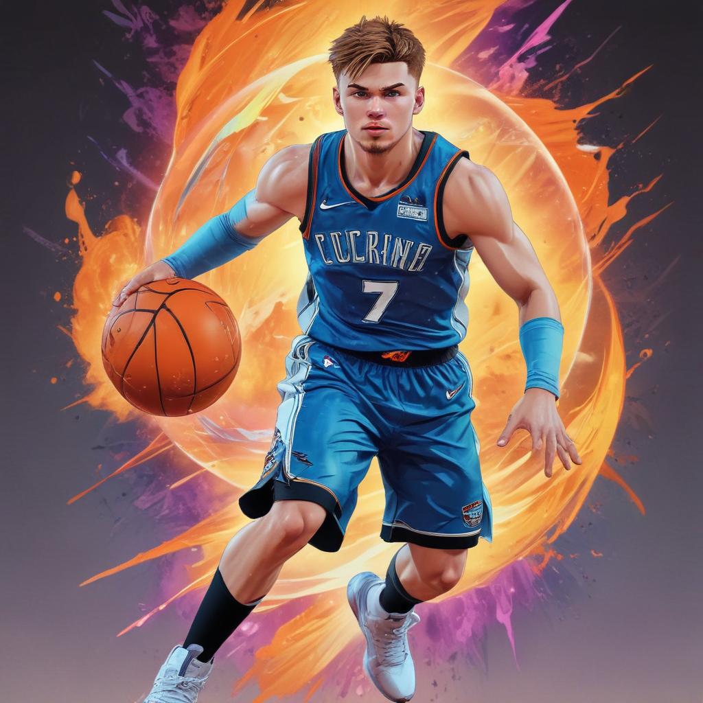 distance-shot, flashy, full-body, dynamic, holographic, animated cartoon poster of luka doncic in the style of dragon ball super