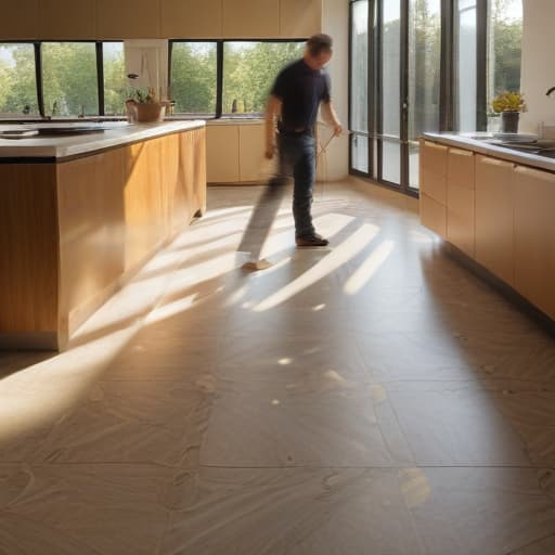 A photo of a skilled flooring artisan meticulously measuring and cutting linoleum in a modern, well-lit kitchen showroom in the late afternoon with soft, golden hour sunlight streaming through large windows, casting dynamic shadows and highlighting the intricate details of the flooring material.