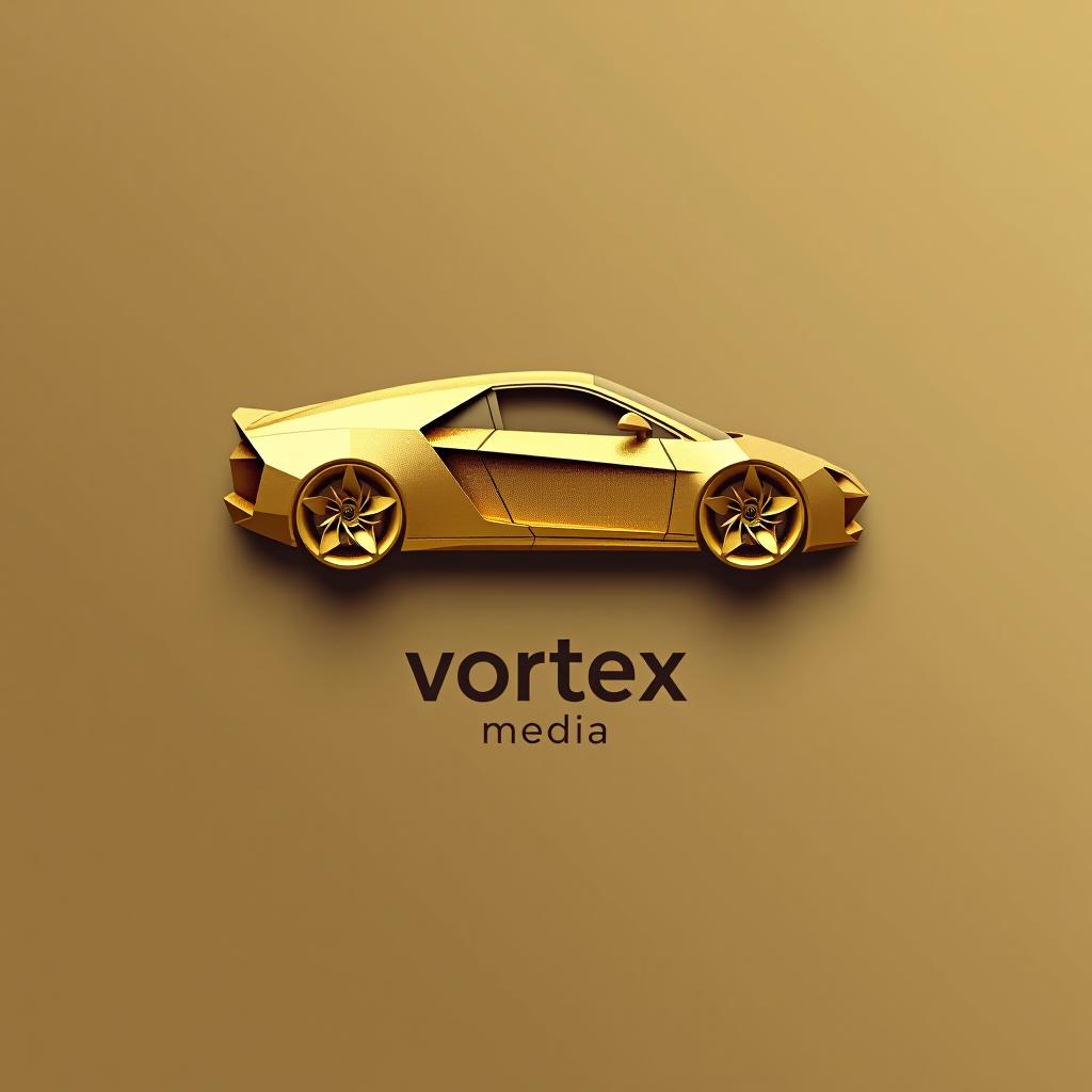  design a logo, in a origami style. logo of a car, gold color, with the text 'vortex media'.