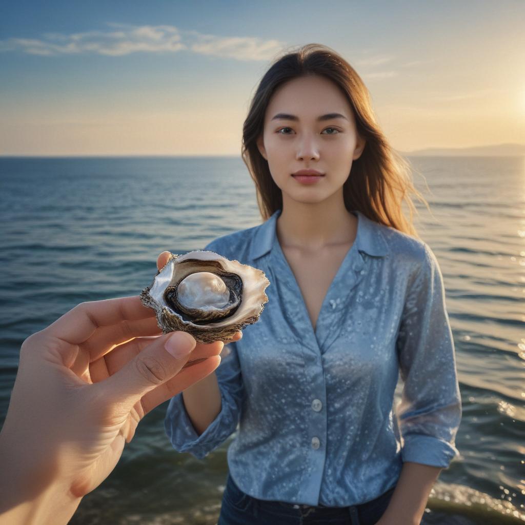 ((masterpiece)),(((best quality))), 8k, high detailed, ultra detailed,A painting of Xishi oysters, A girl holding a pearl, (blue ocean in the background), sunlight filtering through the water hyperrealistic, full body, detailed clothing, highly detailed, cinematic lighting, stunningly beautiful, intricate, sharp focus, f/1. 8, 85mm, (centered image composition), (professionally color graded), ((bright soft diffused light)), volumetric fog, trending on instagram, trending on tumblr, HDR 4K, 8K