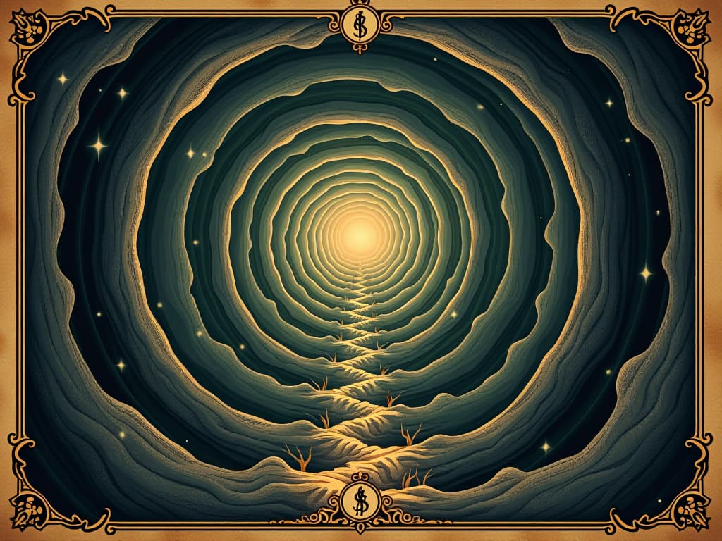  central vortex of energy, spirals outwards, multi dimensional layers, radiant, intense light, mysterious, otherworldly transition an illustration in the style of a worn, mystical old tarot trump card, mysterious and elements of surrealism. the colors are muted, somber and eerie, but with contrast bring out an occult and esoteric vibe.